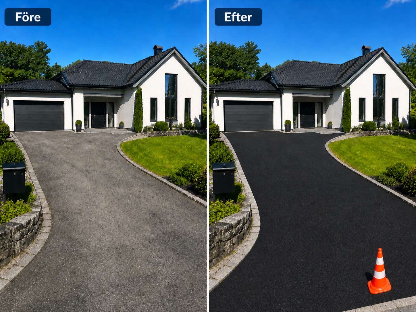 Före och efter seal coating — modern villa med dubbelgarage